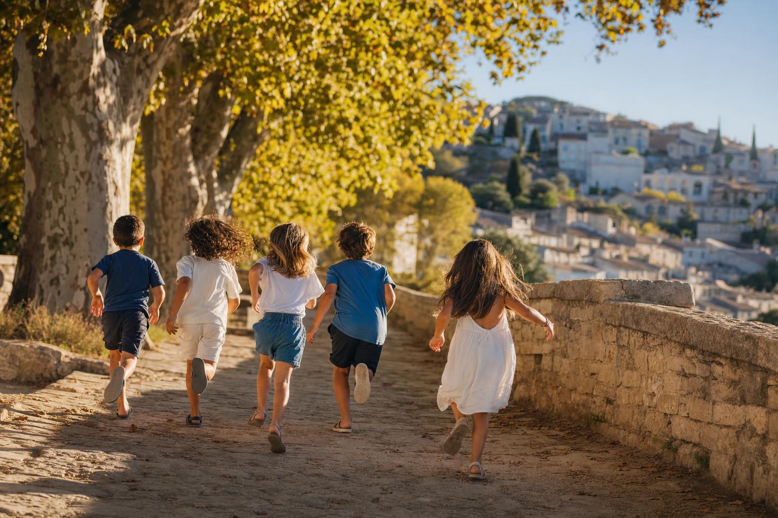 Cinq enfants courent sur un chemin bordé de platanes, un village méditerranéen en arrière-plan, dans une lumière dorée de fin d'après-midi.